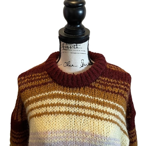 ZARA Wool Alpaca Chunky Knit Pullover Striped Sweater Burgundy Size Medium NWOT - Picture 4 of 11